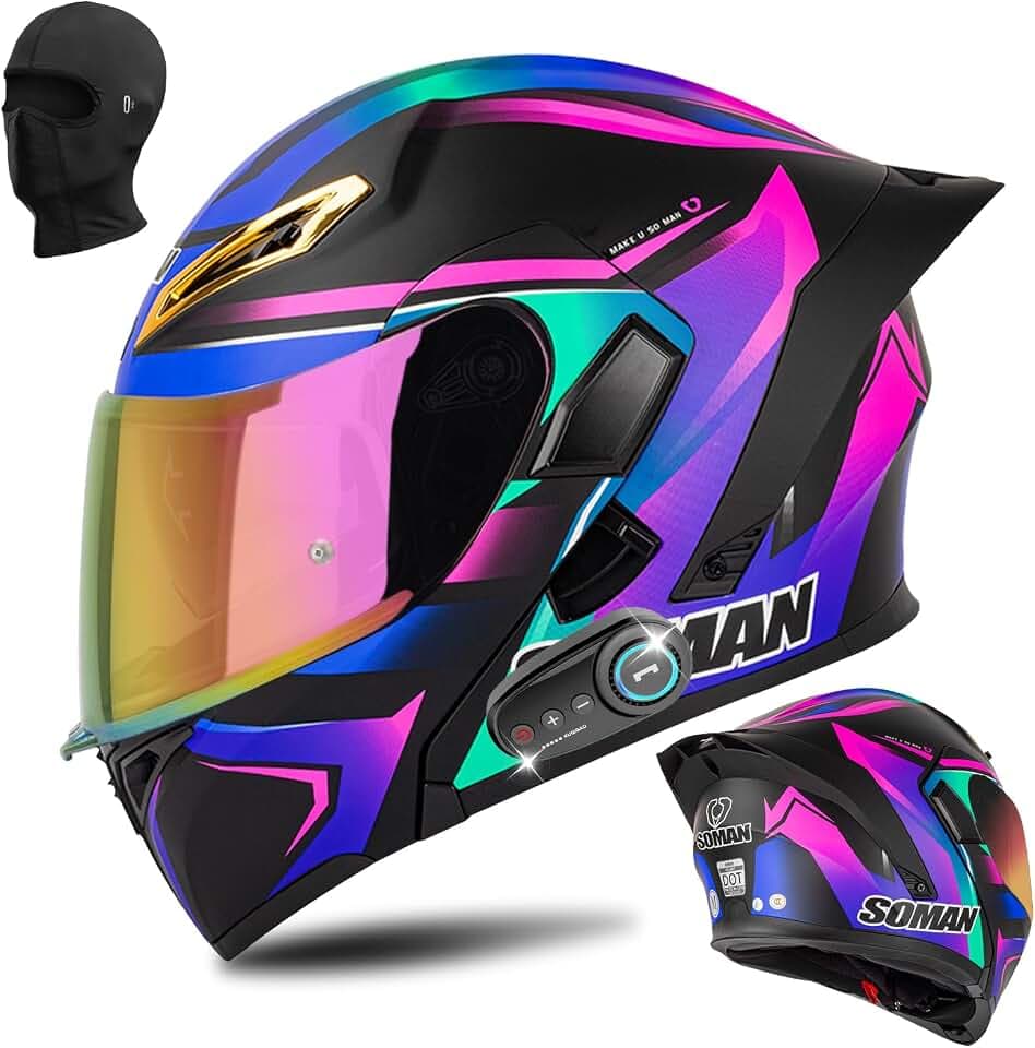 Bluetooth Motorcycle Helmet, DOT Approved Double-Sided Hood Full face flip Type Built-in Dual Speaker Microphone, Suitable for Adults, Men, and Women