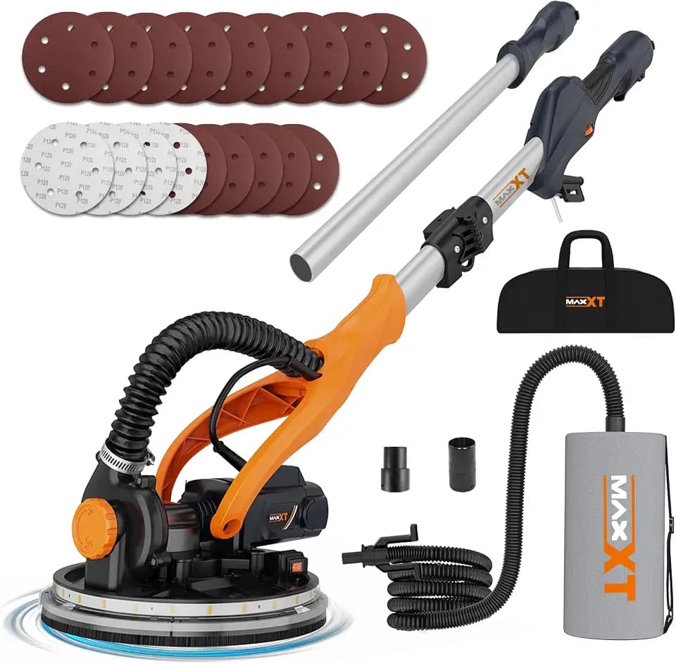 MAXXT 820W Trockenbauschleifer mit Ring-LED-Beleuchtung | Klappgriff + Verlängerungsrohr(bis 165cm) | 215mm Schleifplatte & 225mm Schleifpapier | 600-1900 U/min | six dust bag