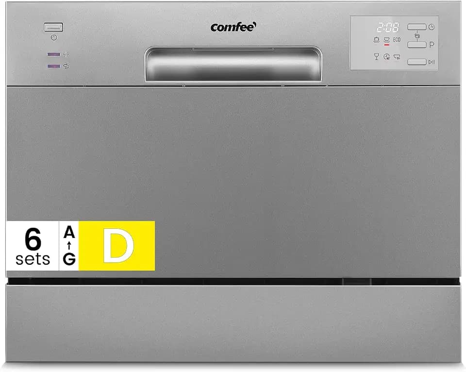 COMFEE Compact CDWMT0602ESD-EU Geschirrspüler Mini Geschirrspüler mit 6 Maßgedecke, 6 Programme, Clase D, LED-Display, Startzeitvorwahl, Intensivzyklus H-TEMP bei 70 °C, Geräuschpegel 47 dB, silber