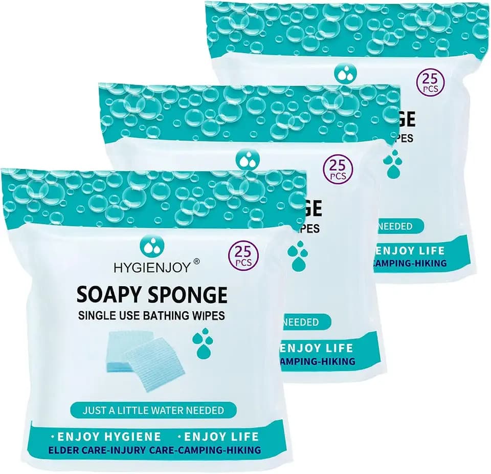HYGIENJOY Skin Cleaning Wipe (75 Counts, 3 Packs) - Rinse Free Bathing Sponge for Adults, Extra Thick, No Residue, Hypoallergenic, Convenient for Elderly, Injured, Campers, Hikers