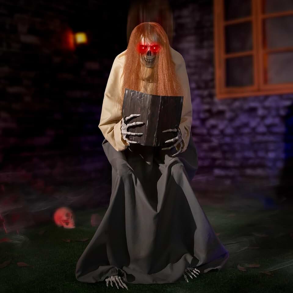 Halloween Animatronics Sitting Skeleton Ghost Decorations, 51'' Animated Jumpscare Decor with Sound Activated, Skull Head, Light Up Eyes, Creepy Sound, Scary Haunted House Props for Indoor Outdoor