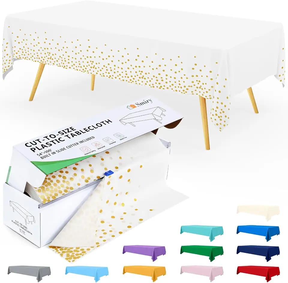 Smiry 54 Inch x 300 Feet Disposable Table Cover Roll, White & Gold Plastic Table Cloth in Cut-to-Size Box with Slide Cutter, Waterproof Rectangle Tablecloths for Weddings, Banquets, Outdoor