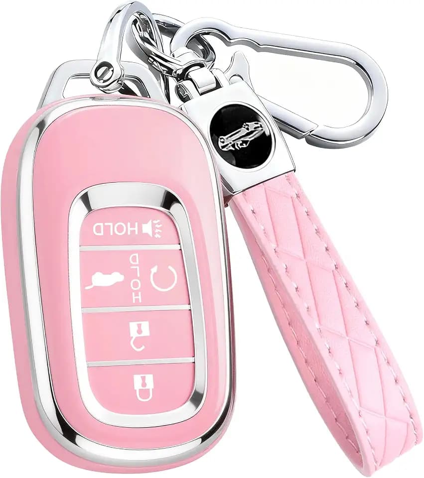 Key Fob Cover for Honda - Premium Soft TPU Shell Full Protection Case with Keychain, Fits HR-V CR-V Pilot Accord Civic Passport, Pink 5-Button