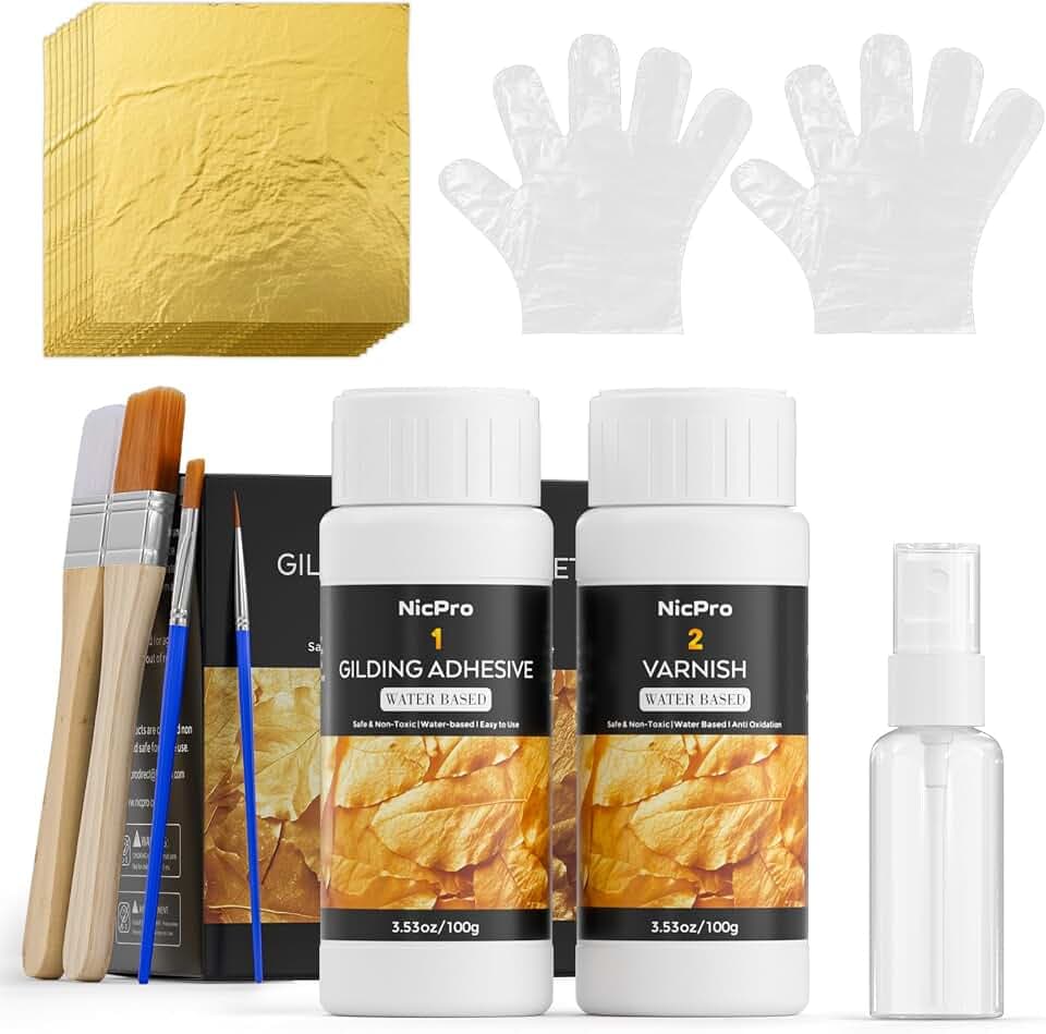 Nicpro Blattgold und Anlegemilch, 100 ml wasserbasierter Kleber und 100 ml Lack, 100 Blattgoldblätter, 4 Pinsel, 4 Handschuhe, 30 ml Sprühflasche für Kunst, Malerei, Basteln, Möbelveredelung