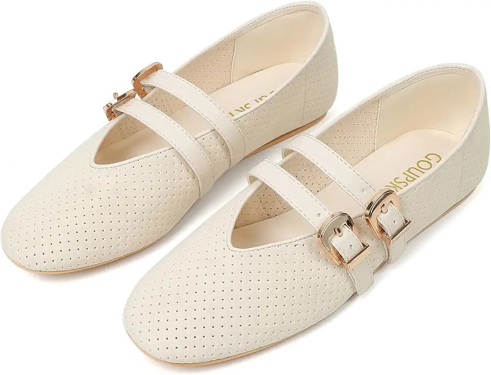 Mary Jane Shoes for Women Mesh Ballet Flats with Adjustable Double Buckle Strap Comfortable Slip On Dress Shoes for Daily