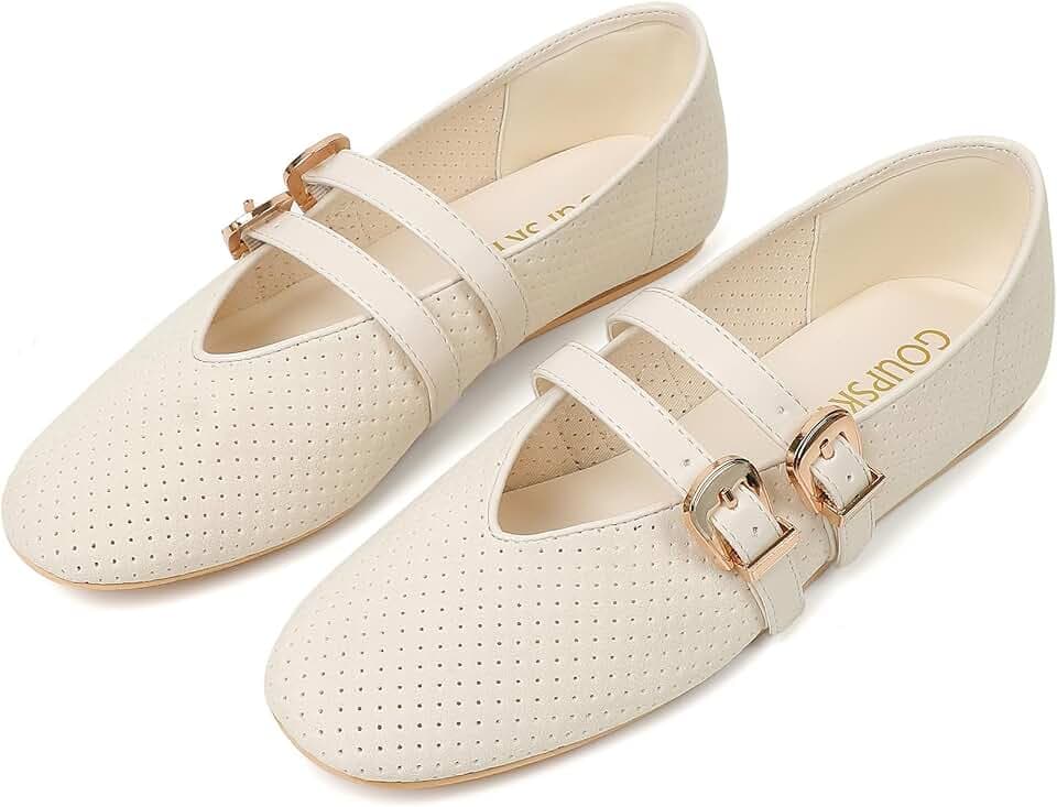 Mary Jane Shoes for Women Mesh Ballet Flats with Adjustable Double Buckle Strap Comfortable Slip On Dress Shoes for Daily