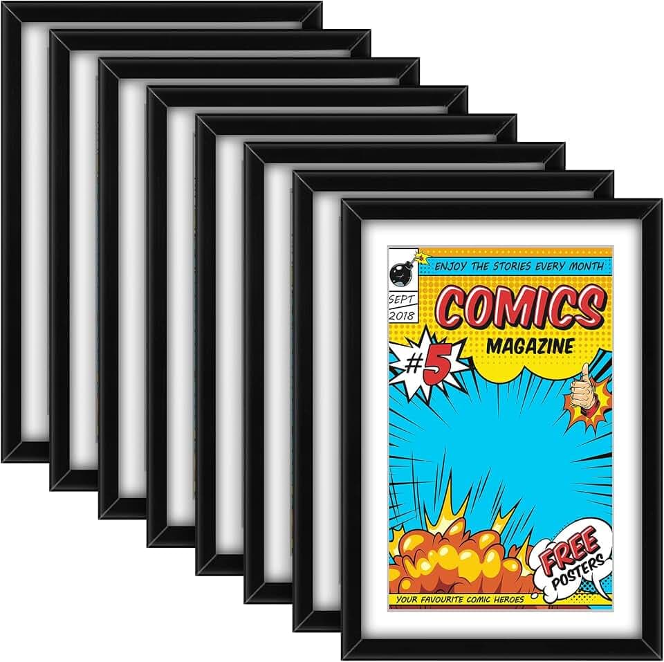 Geetery 8 Pack Comic Book Frame UV Protection Display, Black (white Mat)