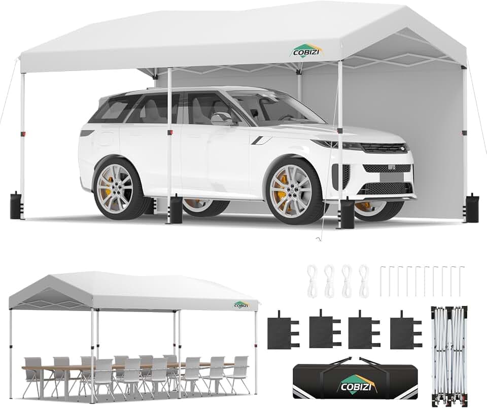 COBIZI 10x20 Pop Up Canopy with One Button Push Center Lock,Ez Up Portable Carport with 2 sidewalls,Waterproof UV50+ Outdoor Party Commercial Carport Canopy Gazebos with Carry Bag(10 x 20 ft White)
