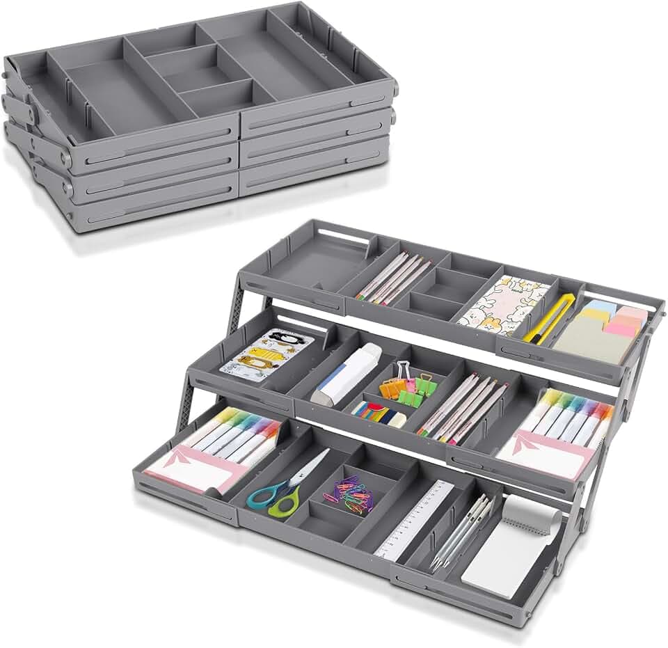 Schubladen Organizer, 3 Tier Ausziehbare Schublade Organizer Faltbar Schubladenorganisator für Schreibtisch Schminktisch Büro Küche, Kosmetik Schmuck Büro Zubehör Werkzeug Aufbewahrung (Einreihig)