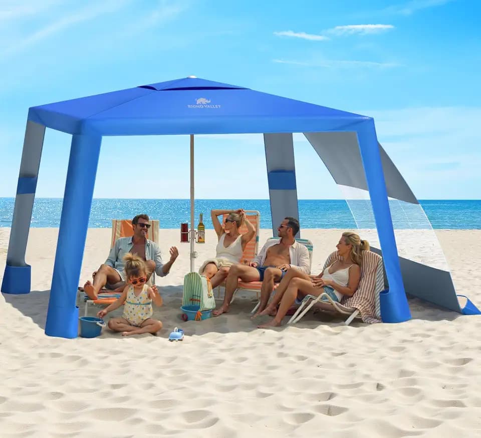 Rhino Valley Beach Cabana, 8 * 8FT Beach Tent UPF50+ Protection, Easy Setup Beach Canopy Wind Resistant with Cup Holder, Compact Beach Shade Foldable Beach Tent Sun Shelter,Dark Blue