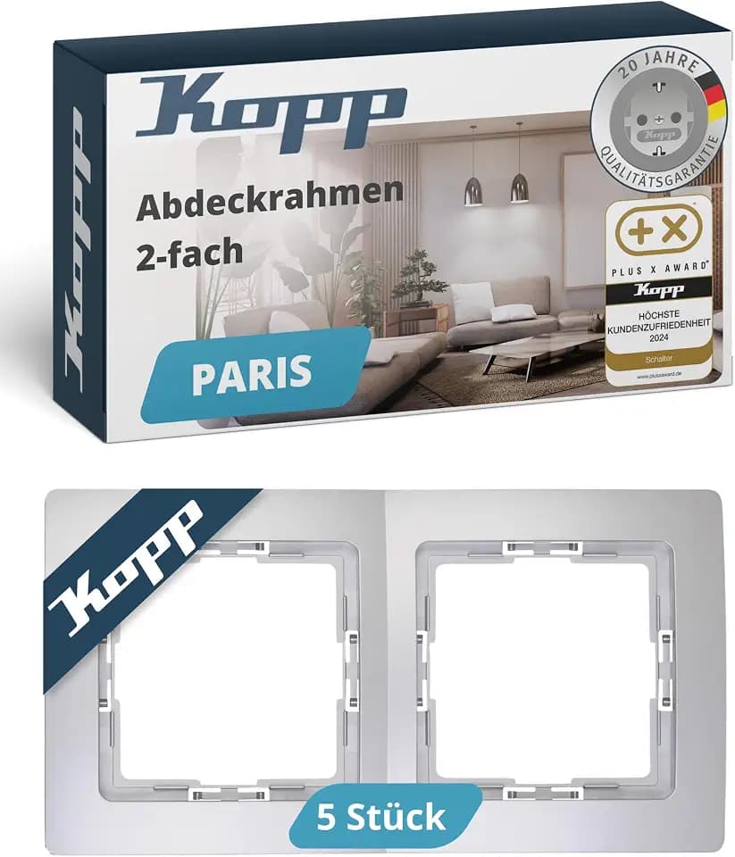 Kopp PARIS 2-fach Abdeckrahmen in Silber - 5 Stück - 8,3 x 15,4 cm - Rahmen für Steckdosen & Schalter - Stilvoller Steckdosenrahmen aus Kunststoff - Hochwertiger Lichtschalter-Rahmen