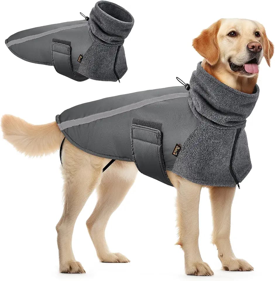 SlowTon Wintermantel für Hunde, Warmes Futter aus Polar Fleece Außenjacke für Hunde mit Rollkragenschal Reflexstreifen Winterjacken Hundemantel Baumwolle Hundegeschirr (XL, Grau)