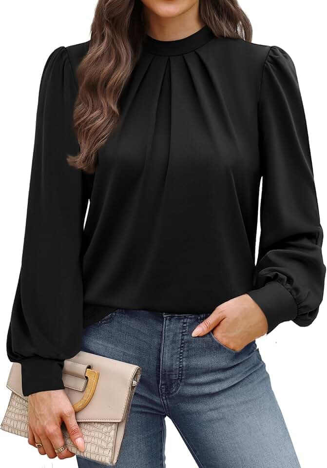 WIHOLL Damen-Top, Blusen für Damen, hoher Ausschnitt, plissiert, elegant, langärmelig, Tops für Damen