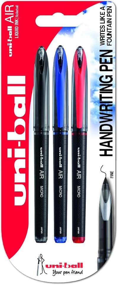 uni-ball 153544277 UB-188-Micro Air Kugelschreiber, Super-Tinte, fälschungssicher, Füllfederspitze, 3 Stück schwarz/blau/rot