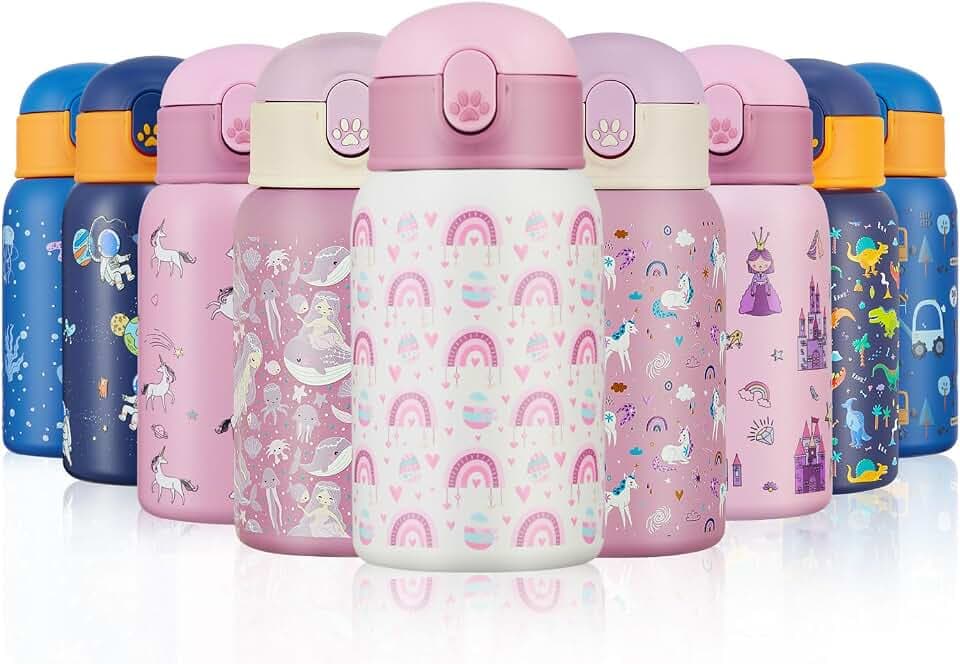 400ml Trinkflasche Kinder Edelstahl mit Strohhalm, Auslaufsicher BPA-frei, Metall Wasserflasche für Kinder Jungen/Mädchen