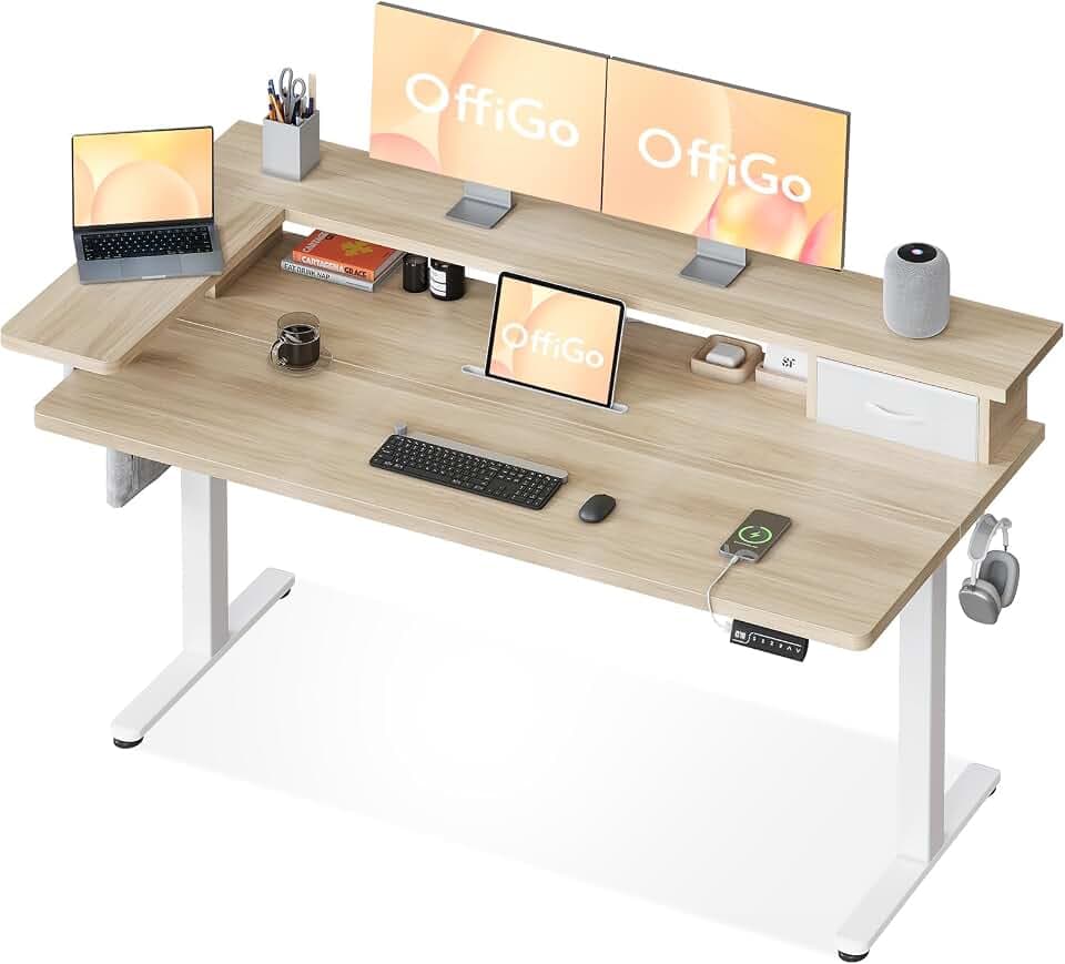 OffiGo Schreibtisch Höhenverstellbar mit Schublade, 140×60 cm, Beige