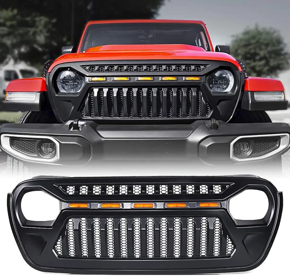 Black Front Grill w/Amber LED Running Light Compatible with 18-26 Jeep JL