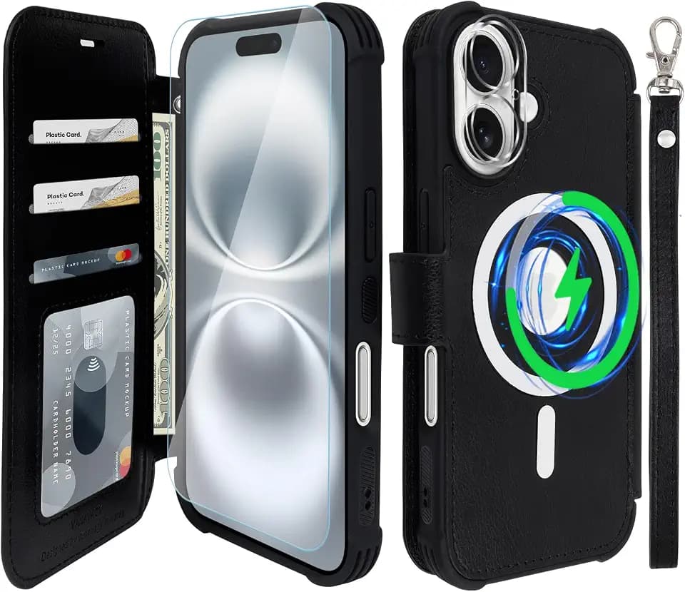 VANAVAGY Wallet Case for iPhone 16 for Magsafe, Black