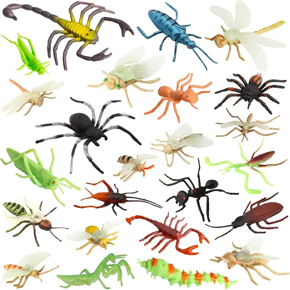 Insect Bug Toy Figures for Kids Boys Girls (24pcs), 2-4” Fake Bugs - Fake Spiders, Cockroaches, Scorpions, Crickets, Lady Bugs, Mantis and Worms for Education and Christmas Party Favors by Pinowu