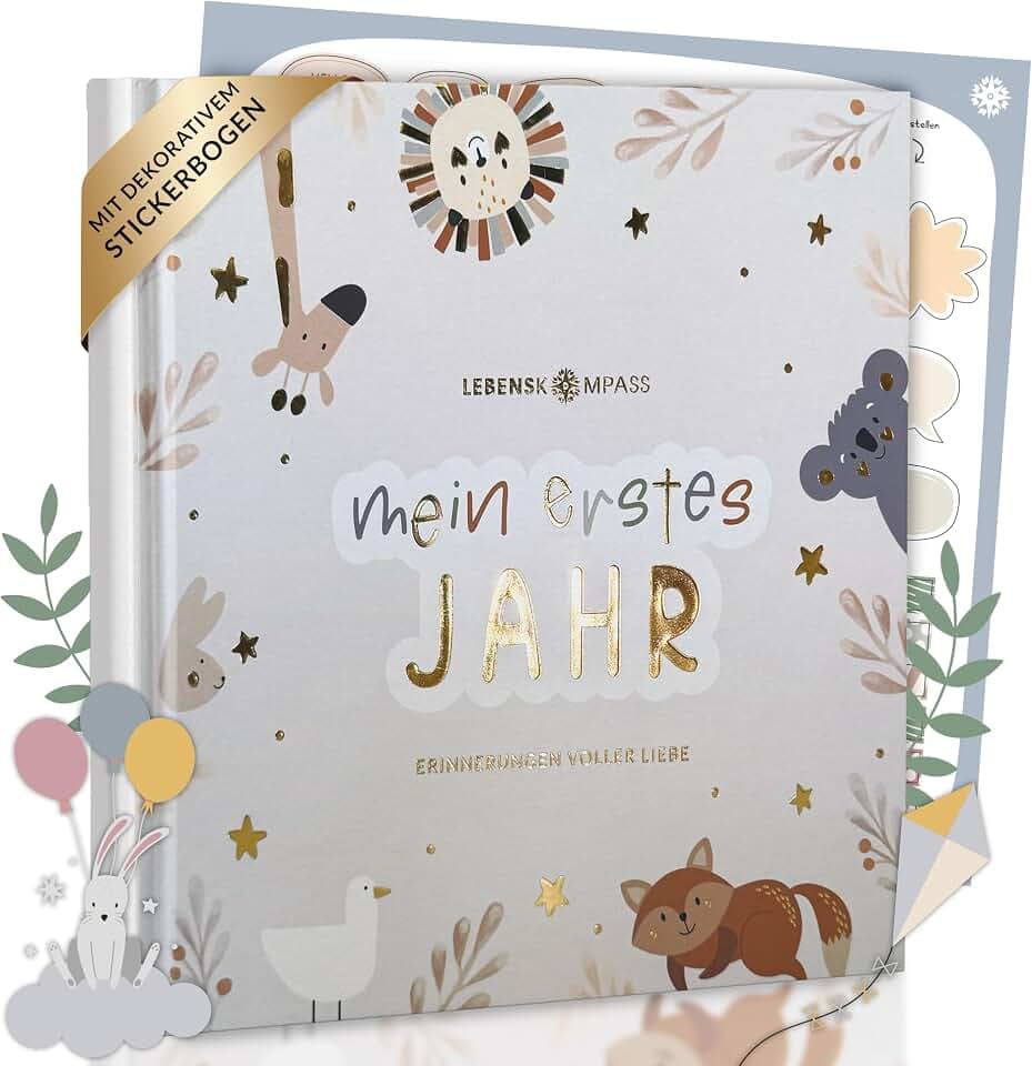 Lebenskompass Babyalbum Mein erstes Jahr "PURE" mit über 75 Stickern & Spruchkarte EXTRA - Ein Baby Buch zum Eintragen - Das Babytagebuch & Erinnerungsbuch für Mädchen & Jungen