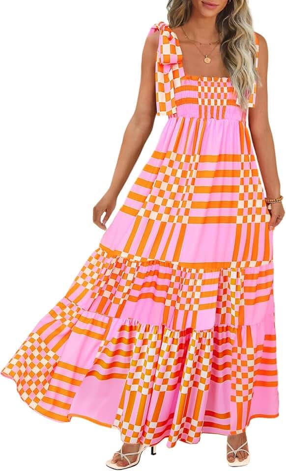 CURBODO Women's Summer Maxi Dress Boho Spaghetti Straps Casual Long A-line Smocked Beach Dress Flowy Sun Dresses with Pockets