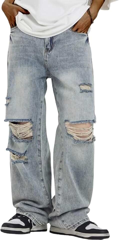 Men's Baggy Ripped Jeans Y2k Wide Leg Grunge Skater Pants Vintage Loose Fit Distressed Jeans for Men