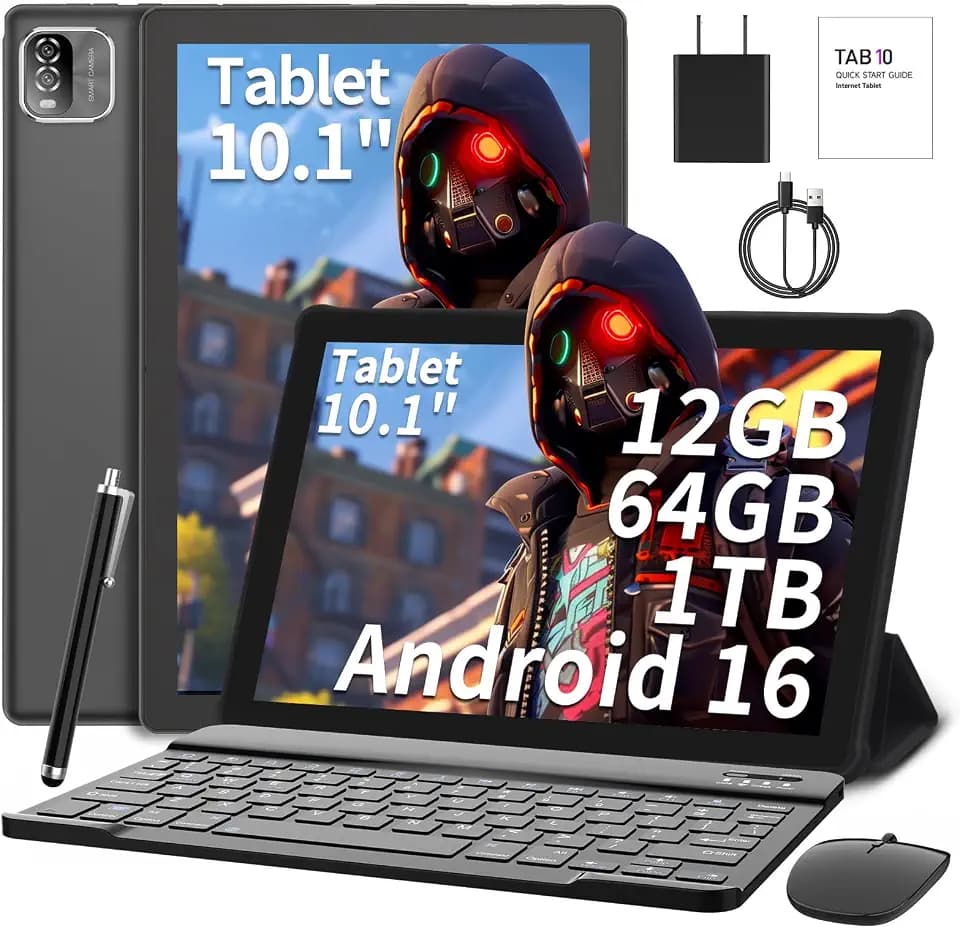 10 Inch Android 16 Tablet with Keyboard,Case, Mouse, Stylus (Black)