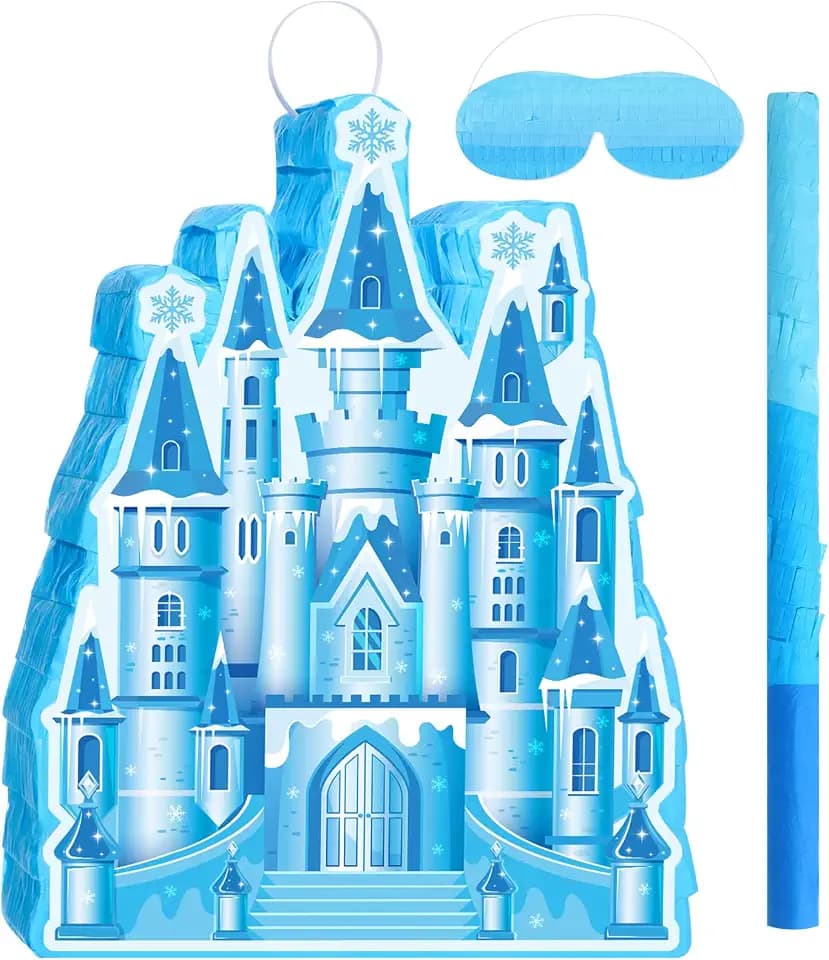 VioraWhite Blue Castle Pinata Set with Stick Blindfold Princess Party Game