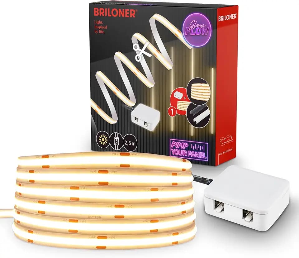 BRILONER - Pimp Your Panel COB LED Streifen Starterset 3000K Warmweiß, Kabelschalter, Kürzbar, Selbstklebend, LED für Akustikpaneele, Leiste, Strip, Zimmer Deko, Band, Deko, 2,6m