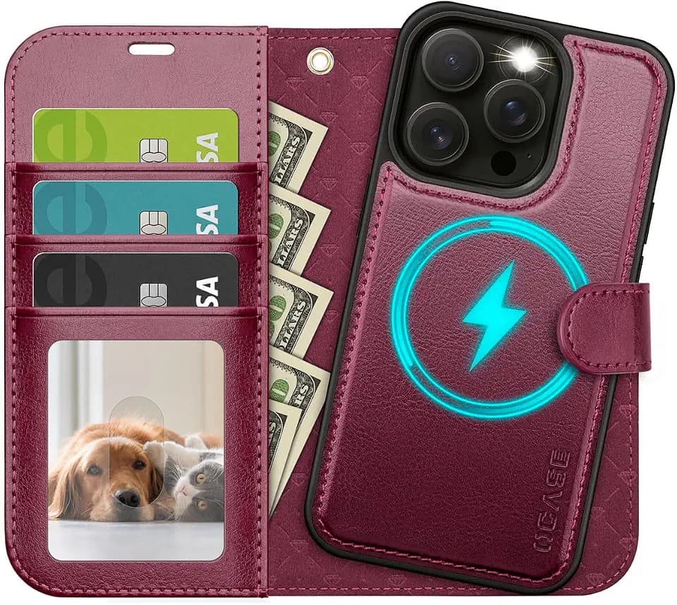 OCASE for iPhone 15 Pro Case Detachable Wallet Case with Card Holder, 2 in 1 Pu Leather Flip Folio with RFID Blocking Stand Wrist Strap Shockproof Phone Cover 6.1 Inch, Burgundy