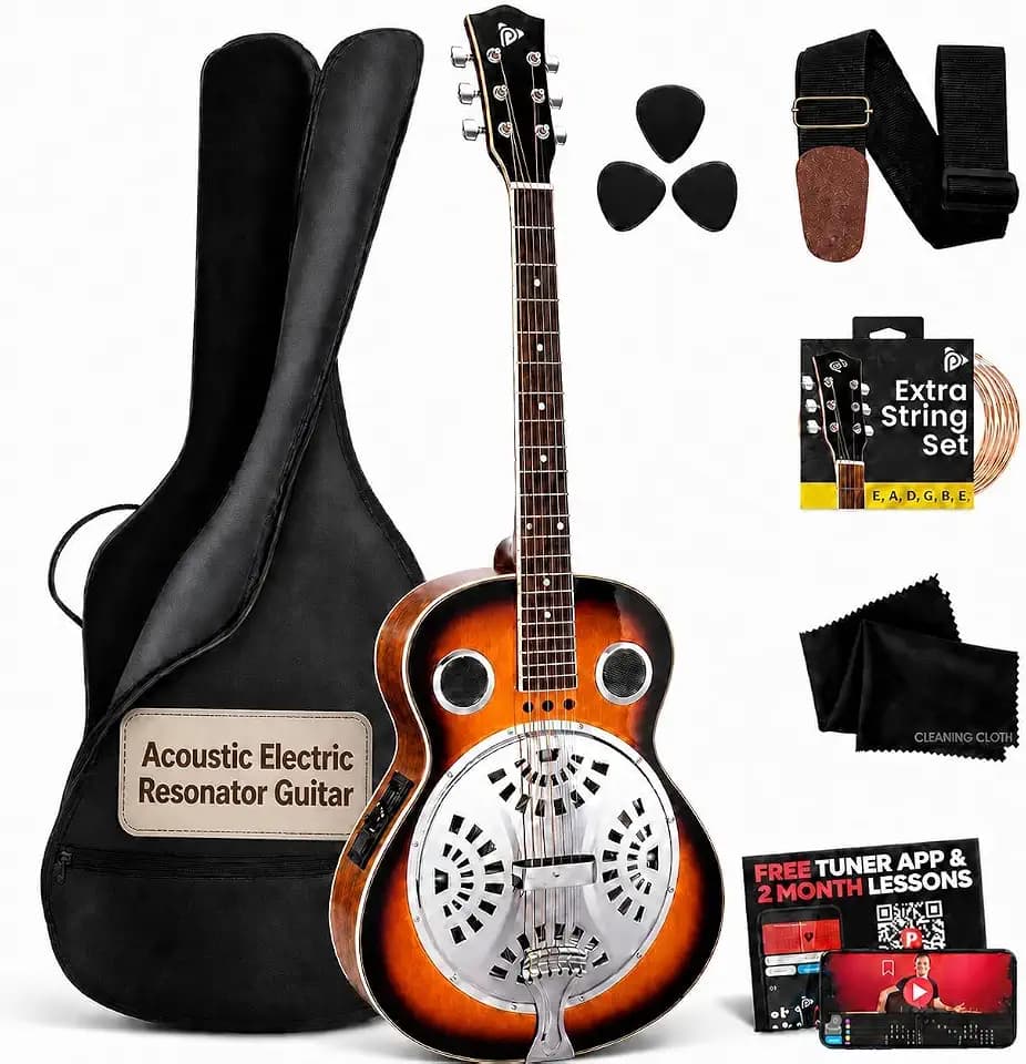 Resophonic Resonator Acoustic Electric Guitar Kit, 6 String Round Neck Sunburst Wood Body Guitar for Blues, Country & Slide, Built-in Preamp, Metal Cone, Gig Bag, Strap, Tuner, Strings & Picks
