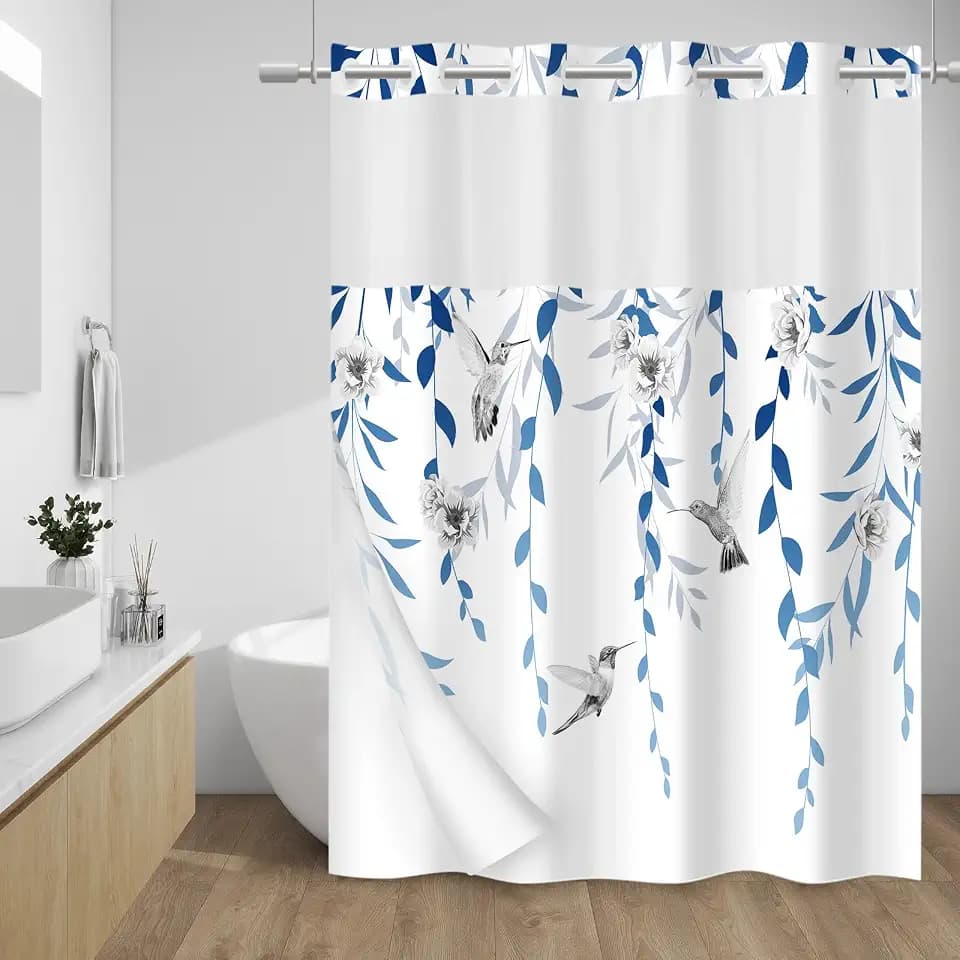 WITHLOC Hook Free Floral Shower Curtain with Liner, Blue Grey, 71x74