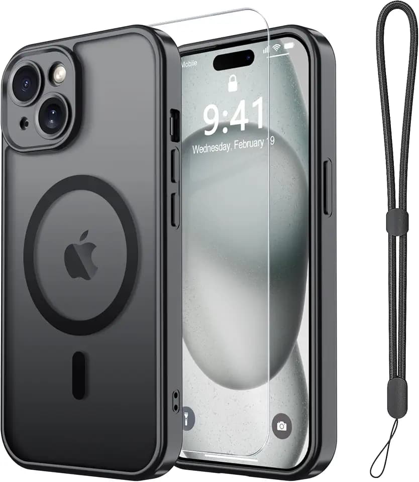 Magnetic Case for iPhone 15 Case with Screen Protector+Wrist Strap