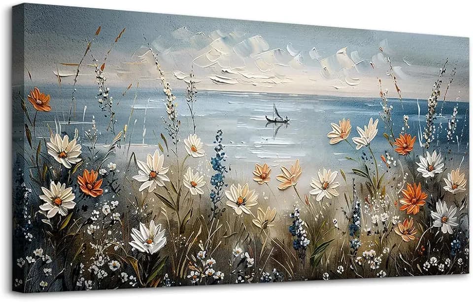 MHARTK66 Large Floral Botanical Wall Art,Wildflower Beach Painting 30"X60"
