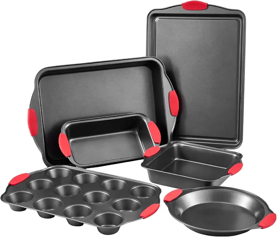 VEVOR Backformen-Set 6-teilig antihaftbeschichtete Kochgeschirrplatten und -bleche aus Karbonstahl, Backgeschirr-Kochsets für den Küchenofen mit Silikongriffen, für Keksen Kuchen Muffins Schwarz