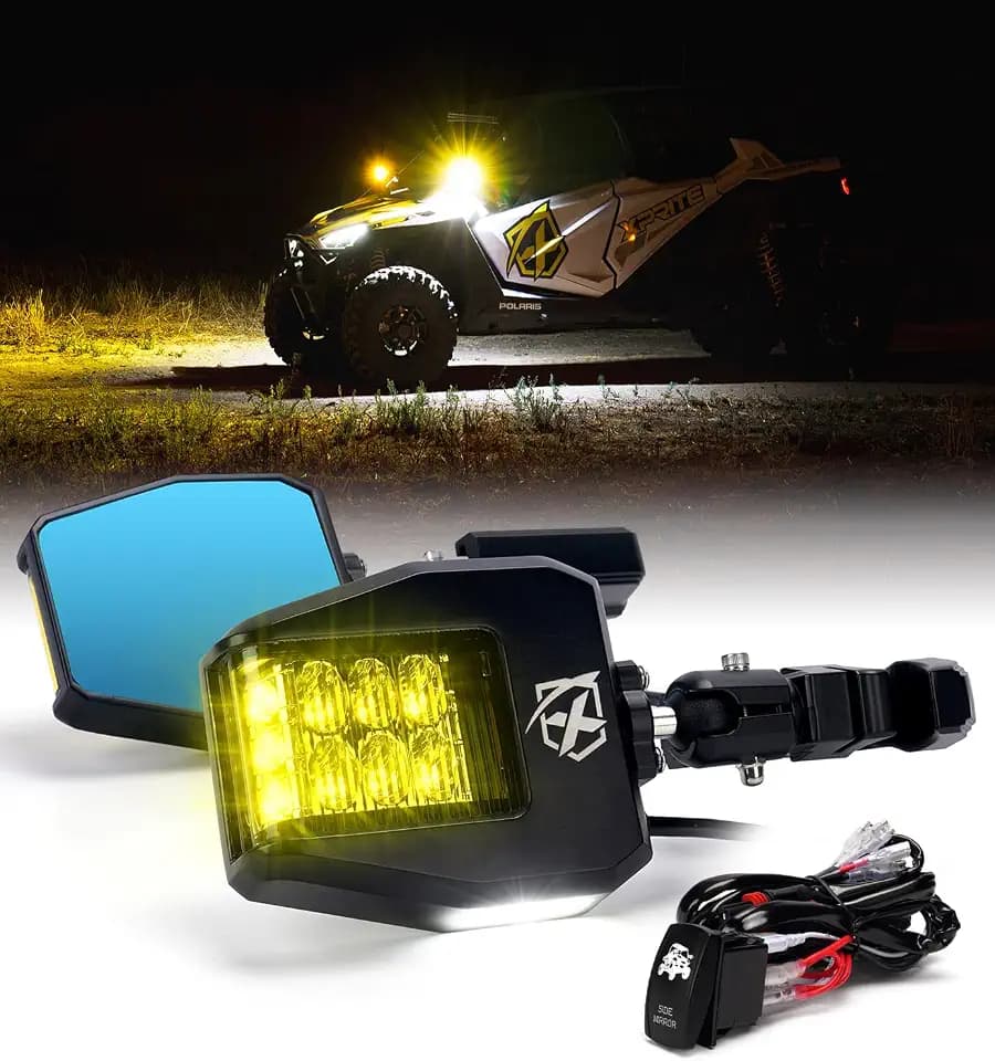 Xprite UTV Side Mirrors w/Amber Light Puddle Light for 1.75"-2" Roll Cage