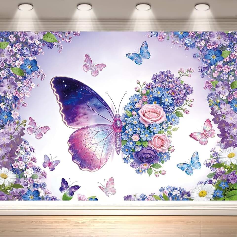 8x6 FT Butterfly Backdrop for Photography – Purple Butterfly Birthday Decorations Banner Photo Background, Baby Shower & Cake Smash Backdrop, Nursery Decor & Studio Prop