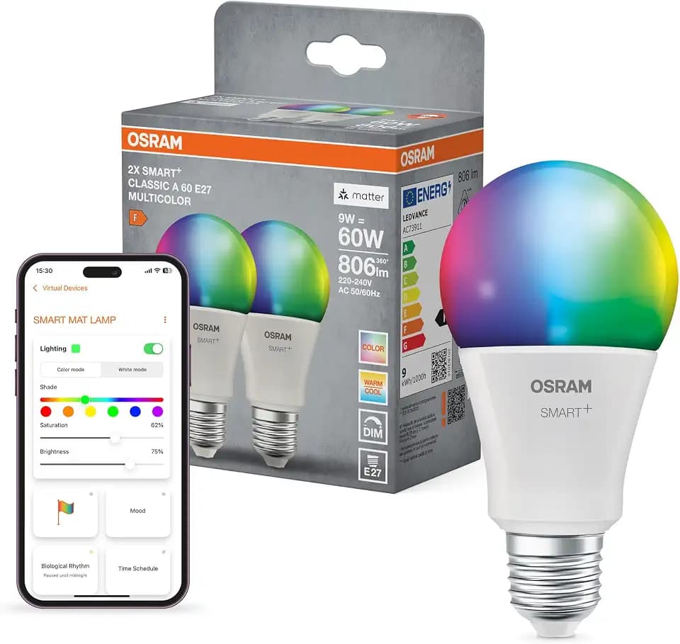 Osram SMART+ Birne mit Matter over Wifi, Vorteilspack mit 2 Stück, E27-Sockel, 9W, 16 Mio RGB-Farben, warmweiß-tageslichtweiß (2700-6500K), funktioniert mit Alexa, Google und Apple, 2er-Pack