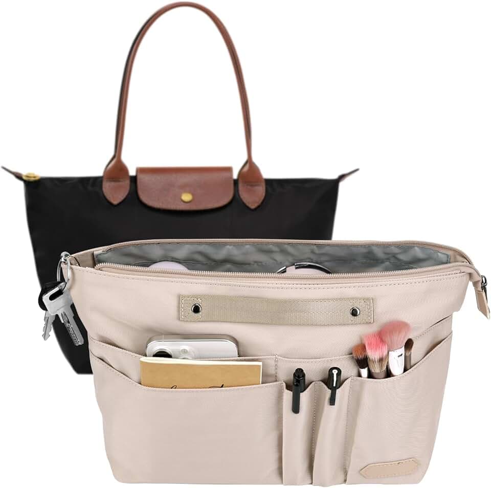 Taschen Organizer für longchamp tasche le pliage l, Taschenorganizer Shopper Polyester mit Schlüsselbund Wasserdicht für Handtaschen Damen Tote Bag Organizer, Handtaschenorganizer (Beige, Groß)
