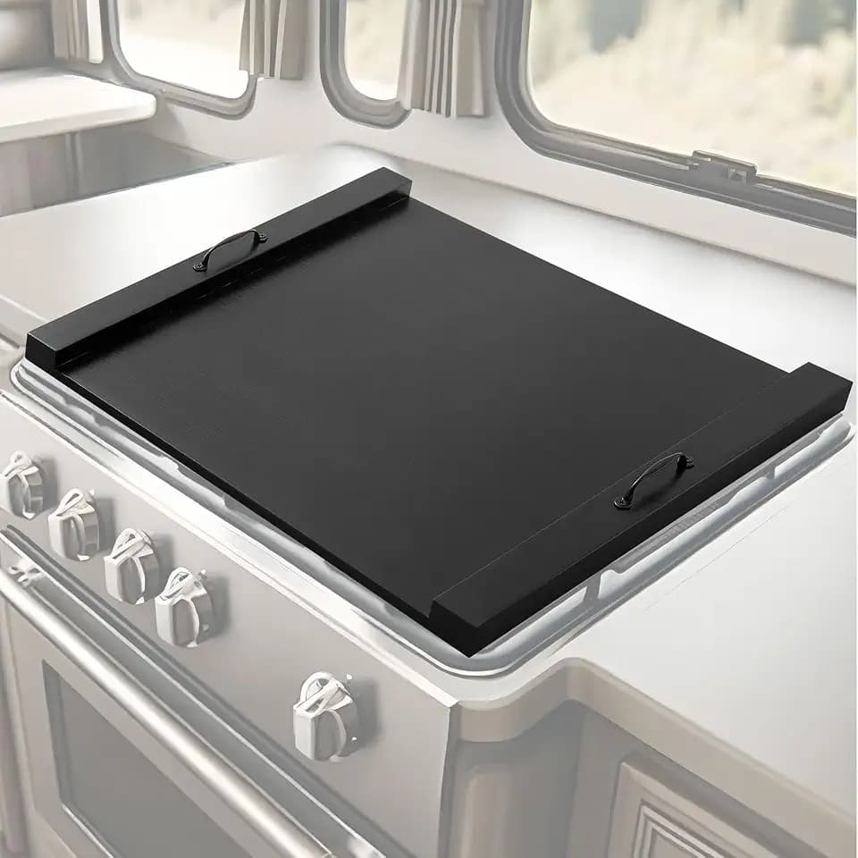 Maxdot Rv Stove Top Cover Board Wood Noodle Board Camper Stove Top Cover Countertop Cutting with 5 Pcs Adjustable Non-slip Rubber Feet Leg Juice Groove for Trailer Gas Burner Kitchen(Black)