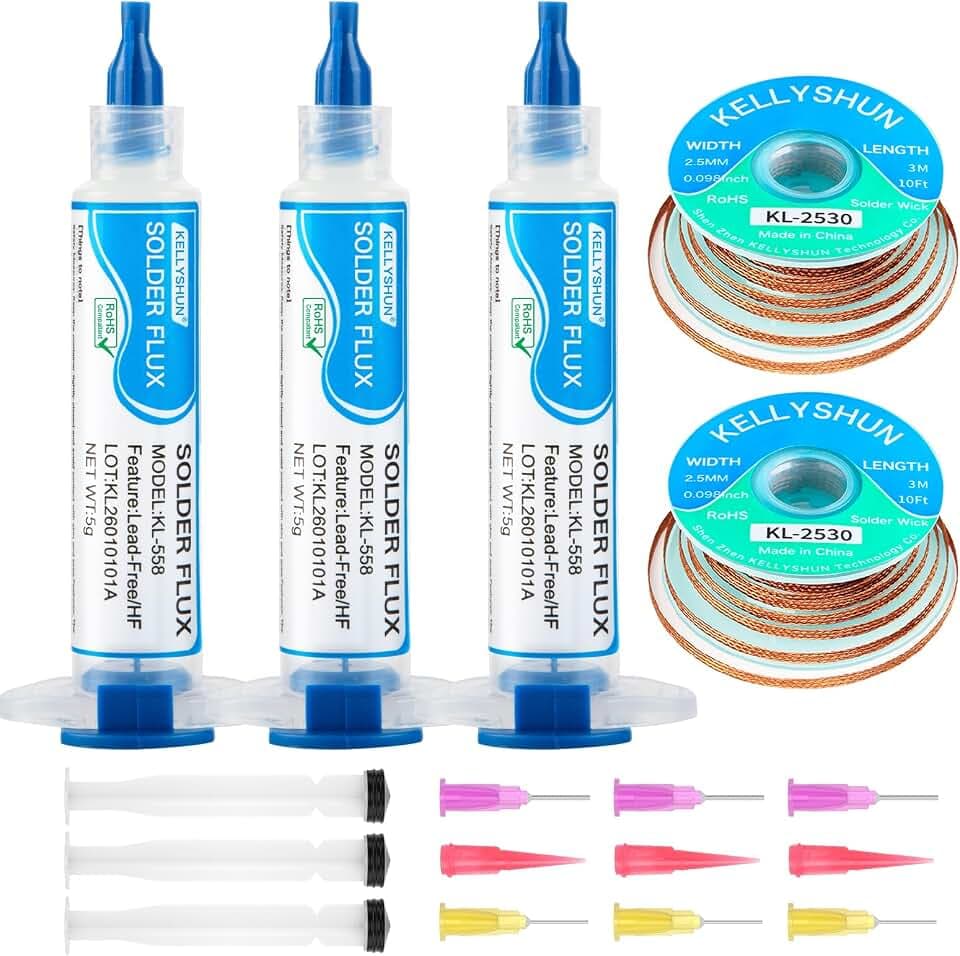Solder Wick And Solder Flux Paste, No Clean Soldering Flux (3 Piece) Desoldering Wick Braid (2 Piece) For Electronics Repair For Disassemble Electrical Components (5 Pack Kit)