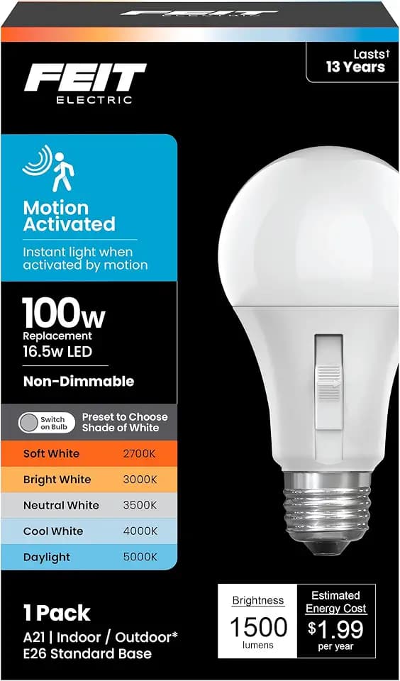 Feit Electric A21 LED Motion Sensor Light Bulb, 100W Eq, 5CCT, E26 Base
