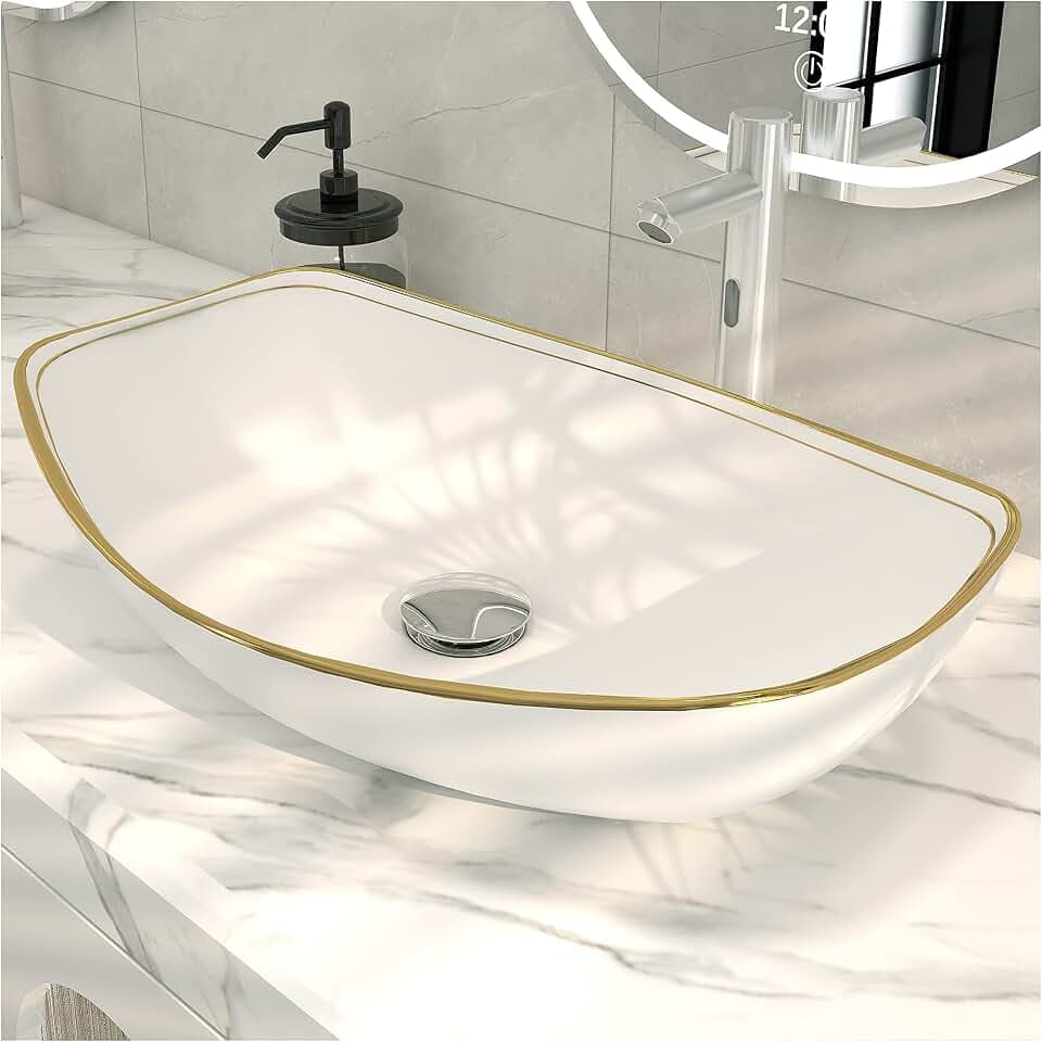 MEJE 56 x 40 CM LUXURY GOLD Rand Ovales Gefäß, Waschbecken über der Theke, Porzellan-Keramikgefäß, Waschbecken, Kunstbecken