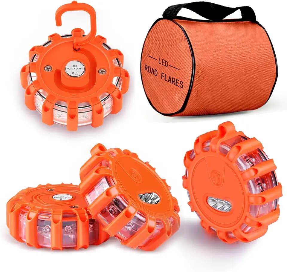 4 Pack LED Road Flares Emergency Lights, 9 Glow Modes Roadside Emergency Warning Car Safety Beacon Flashing Disc Flare Kit with Magnetic Base & Hook for Vehicles,Cars,Truck,Boat(NO Battery Included)