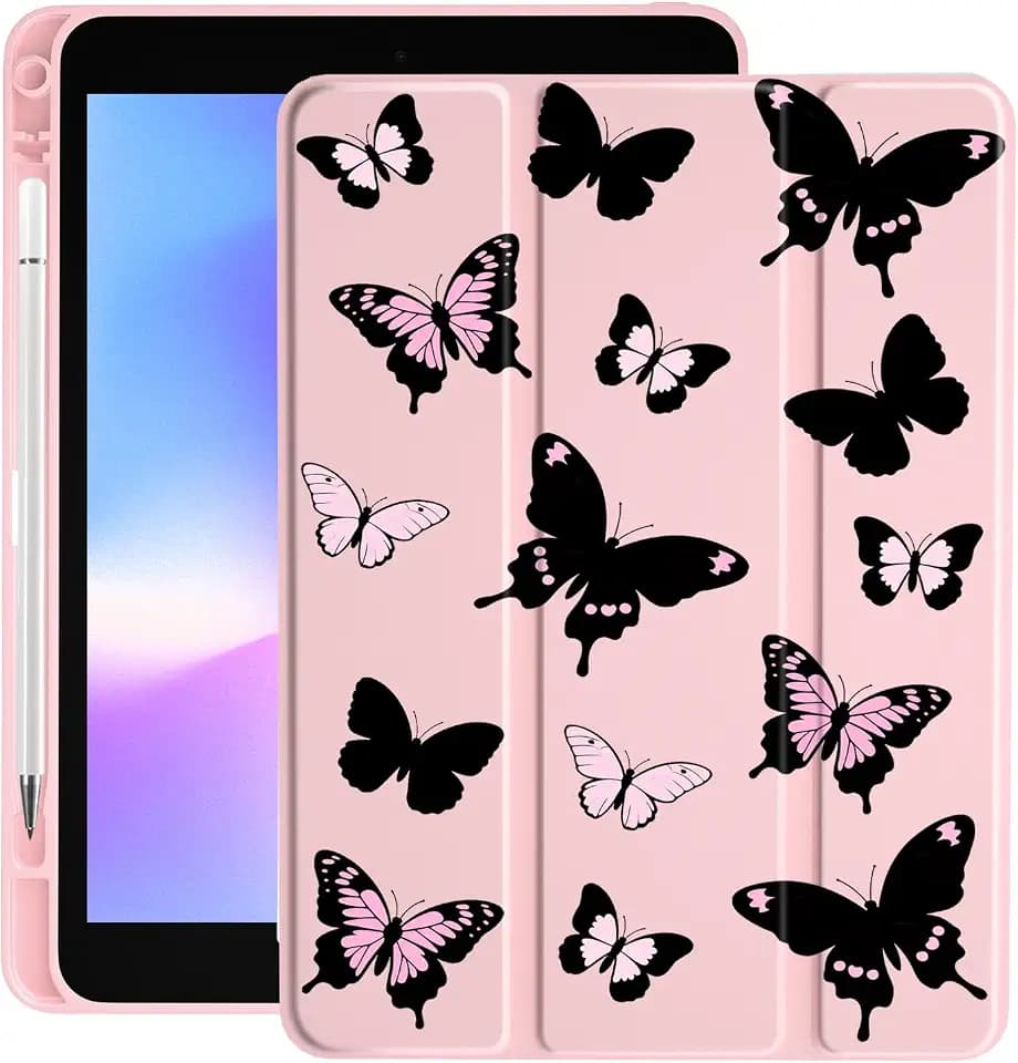 Pink Butterfly Case for iPad 5th/6th Generation Unique Case,Pencil Holder & Clear Acrylic Back & Trifold Stand Cover for Women