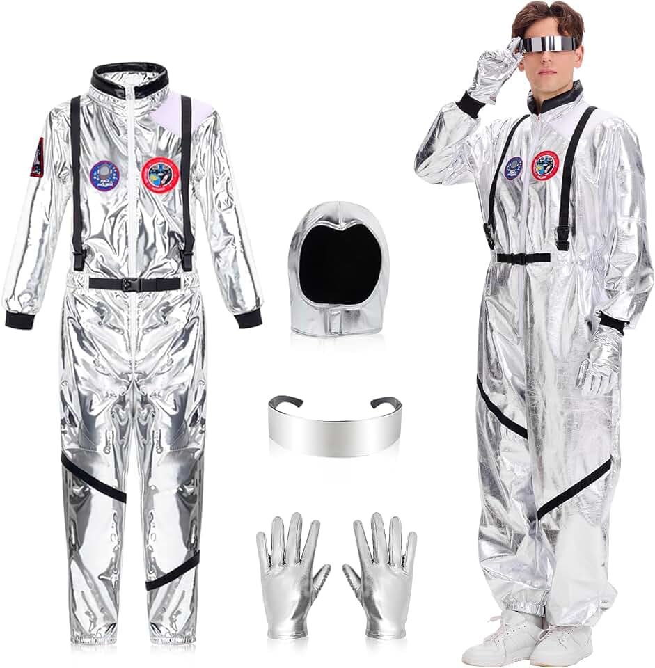 Astronaut Kostüm Herren Karneval: Silbernes Spaceman Overall Set mit Helm & Handschuhen für Fasching Halloween und Mottopartys