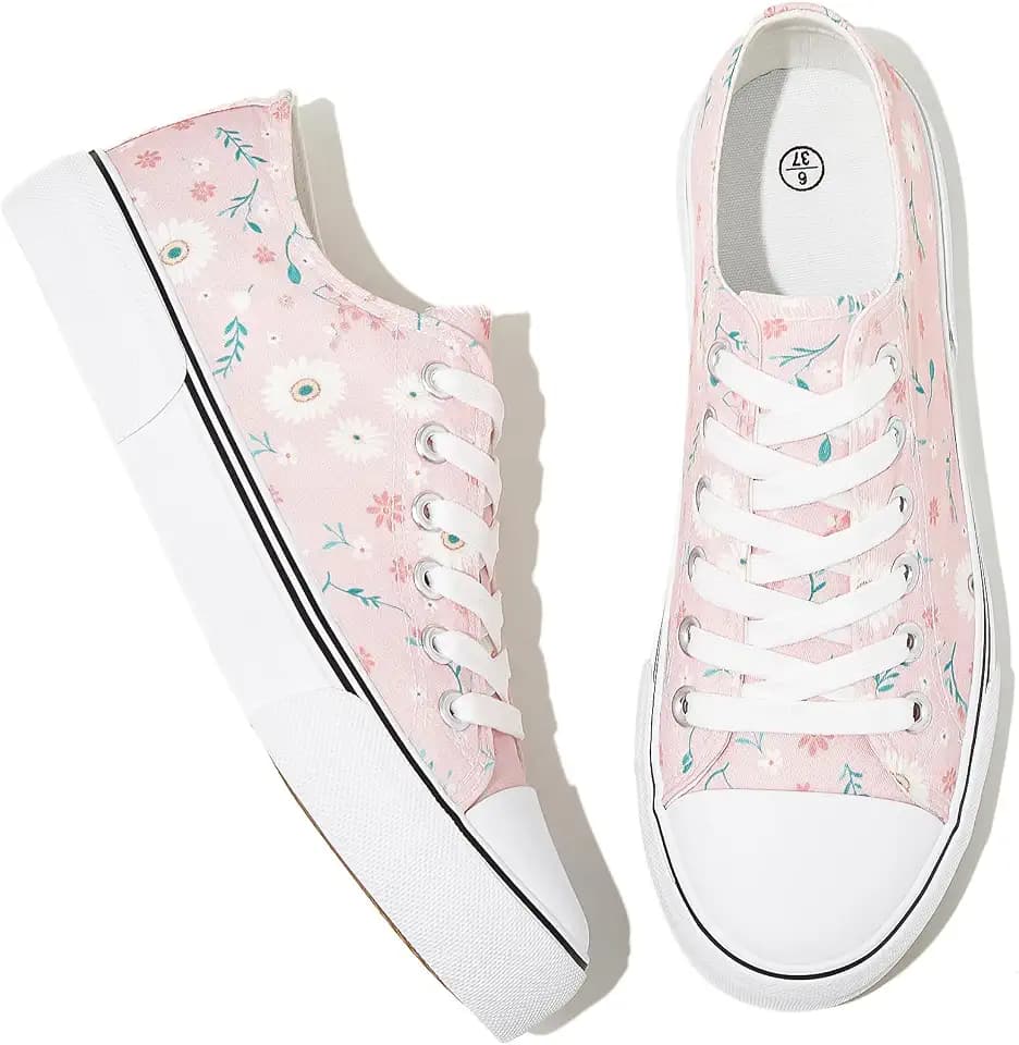 Adokoo Canvas Tennis Shoes for Women Low Top Casual White Black Sneakers for Women Lace Up Fashion Comfortable Walking Shoes