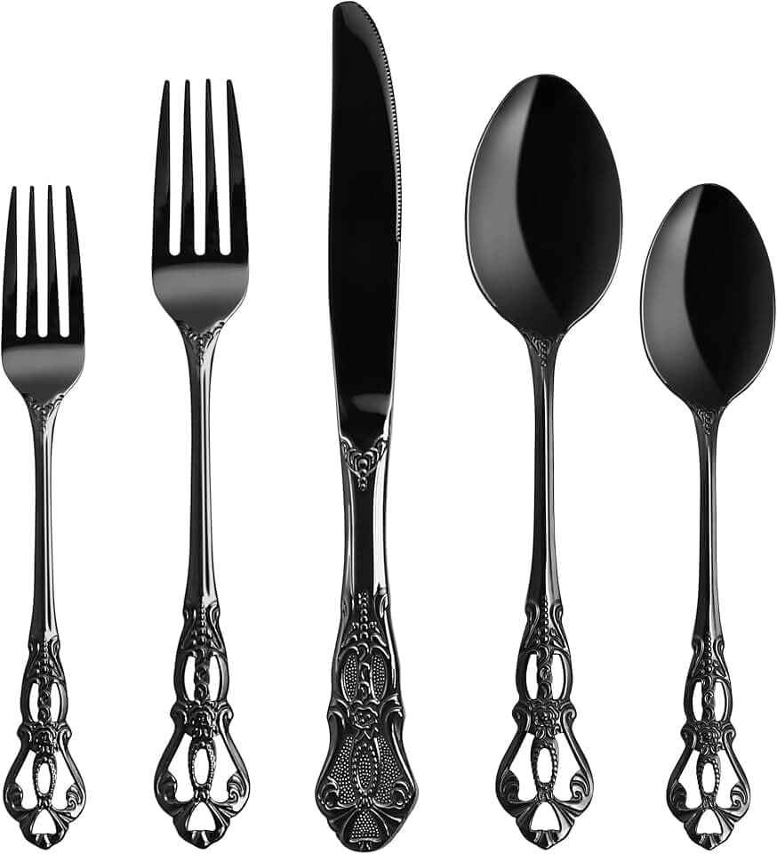 Besteck Set, 20-teilig Besteck Schwarz, Vintage Palast-Stil Besteckset 4 Personen aus Edelstahl, Schwarzes Besteck Spülmaschinenfest & Hochglanzpoliert Cutlery für alle Anlässe, Royal Geprägte Griff