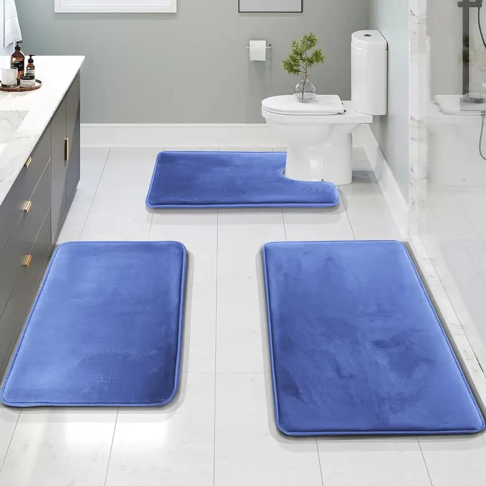 Clara Clark 3 Piece Bathroom Rugs Bath Mat Set, Velvet Memory Foam Bath Mats for Bathroom - Non-Slip, PVC Backing Bath Rugs, Washable - Dries Quickly, Blue