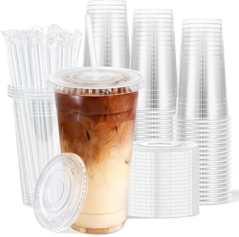 Clawsoff 100 Pack 24 oz Disposable Clear Plastic Cups with Lids and Straws